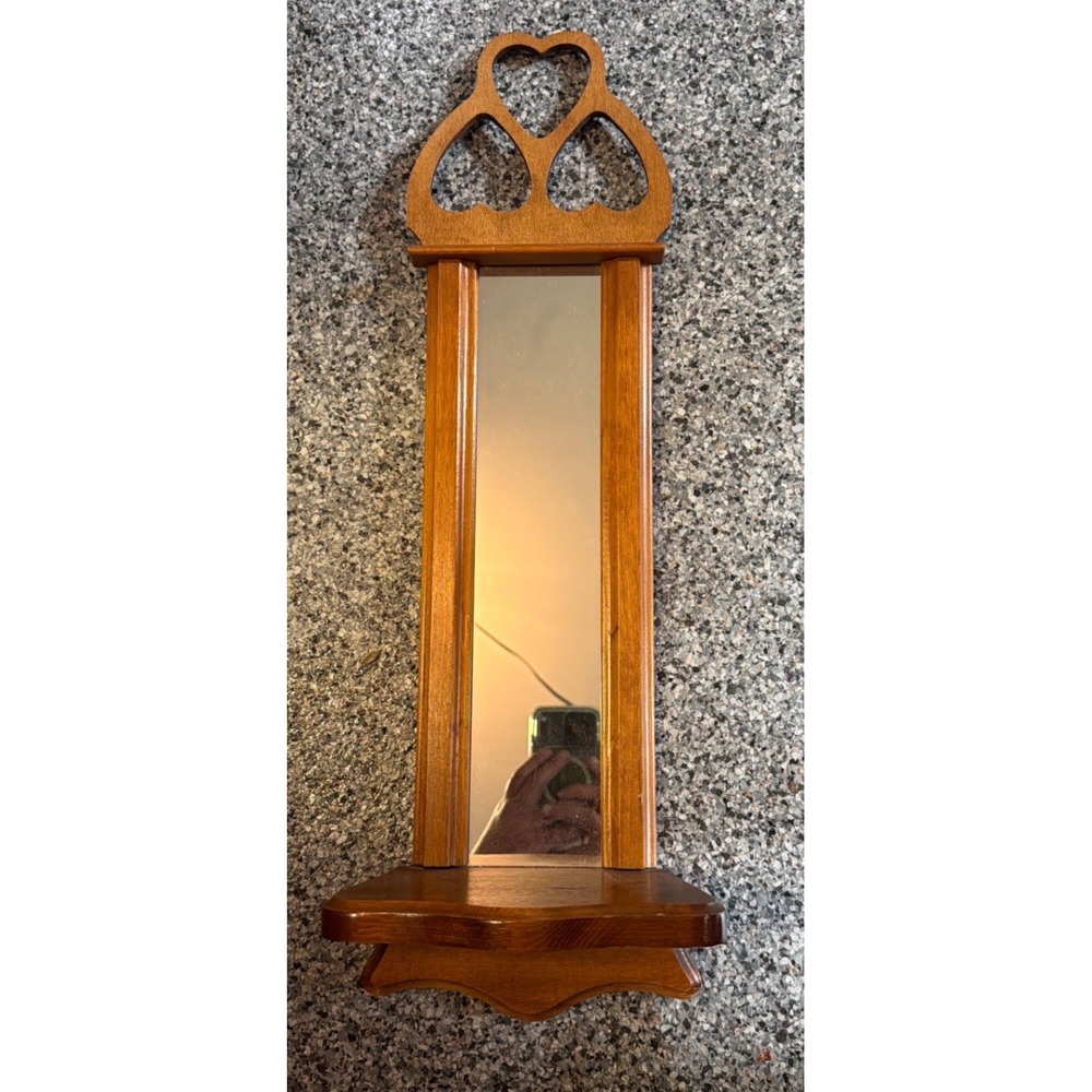 Vintage Wood Wall Mirror with Heart Cutout Crest and Shelf Brown Country Decor